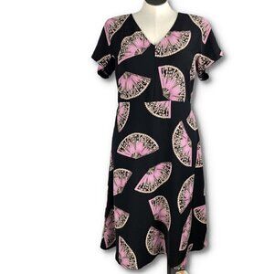 Ann Taylor dress size 14 black pink Chinese paper fans v-neck Easter